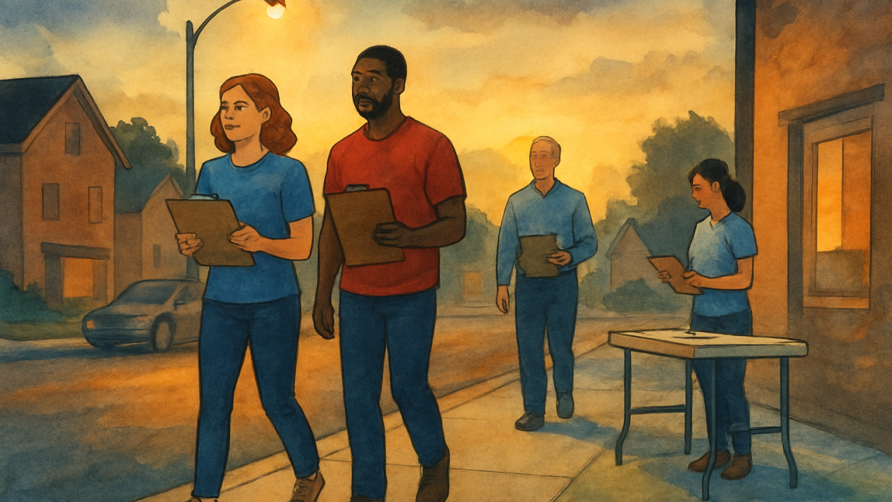 Volunteers conduct a community outreach walk near a city street at dusk with an information table nearby.