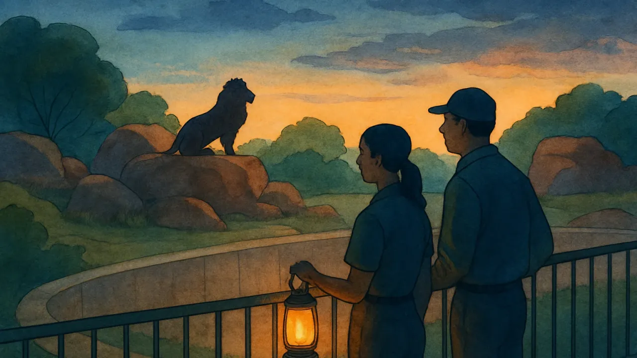 Illustration of a calm zoo habitat with a lion silhouette and quiet caretaker activity