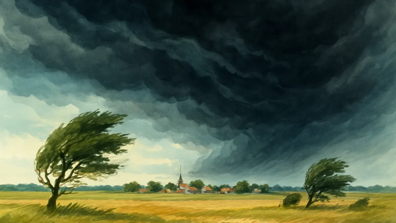Dark storm clouds move over farmland while winds kick up dust and the sky begins to clear toward a calmer, cooler look.