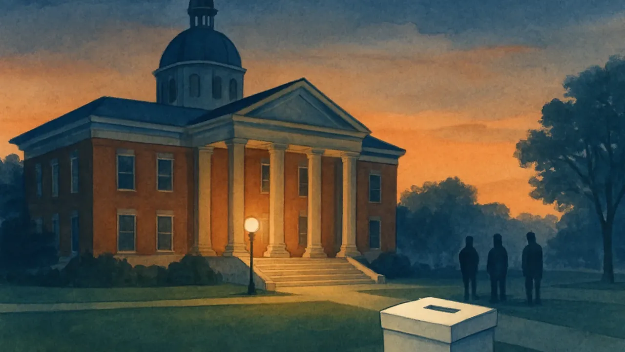 Illustration of a county courthouse at dusk with figures waiting and an abstract jury box symbol, with no readable text.