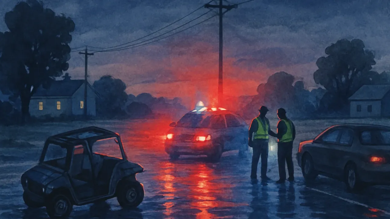 Illustration of a nighttime rural intersection after a fatal UTV and car crash, with responders examining the scene
