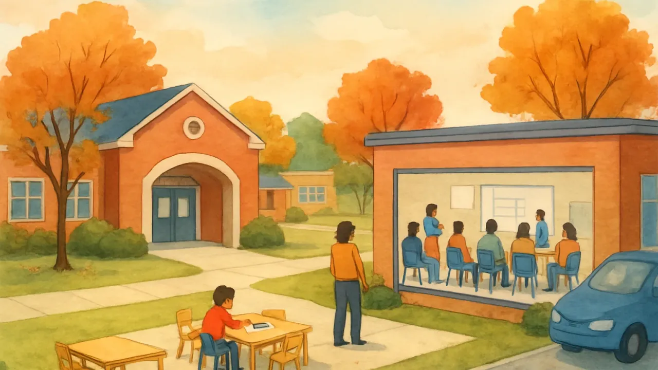 Illustration of families meeting at a school campus and preparation for a new pre-kindergarten program.