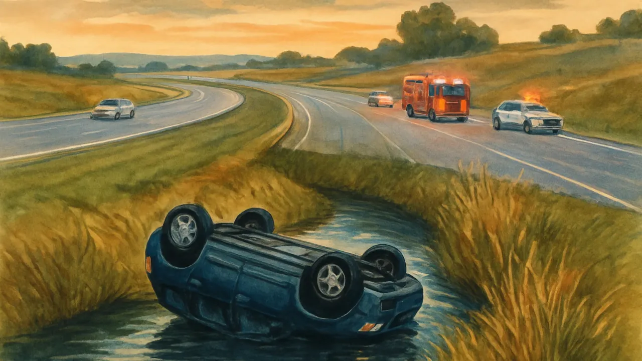 Illustration of an interstate crash scene with an SUV overturned and submerged near a creek embankment.