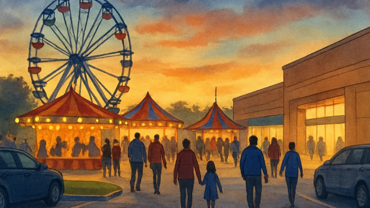 Outdoor carnival rides and game stalls set up in a shopping-center parking lot in Topeka.