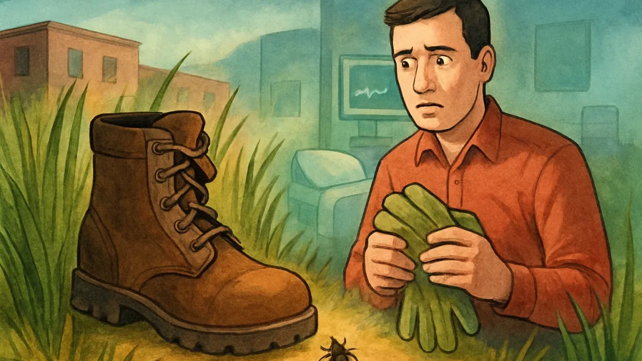 Editorial illustration of a tick near tall grass alongside a hospital bedside glow, with a family member holding outdoor gloves.