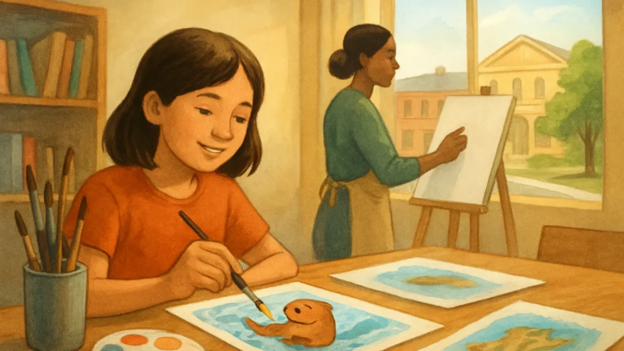 A hopeful scene of painting supplies and sea otter artwork in a collaborative art setting for a fundraising event.
