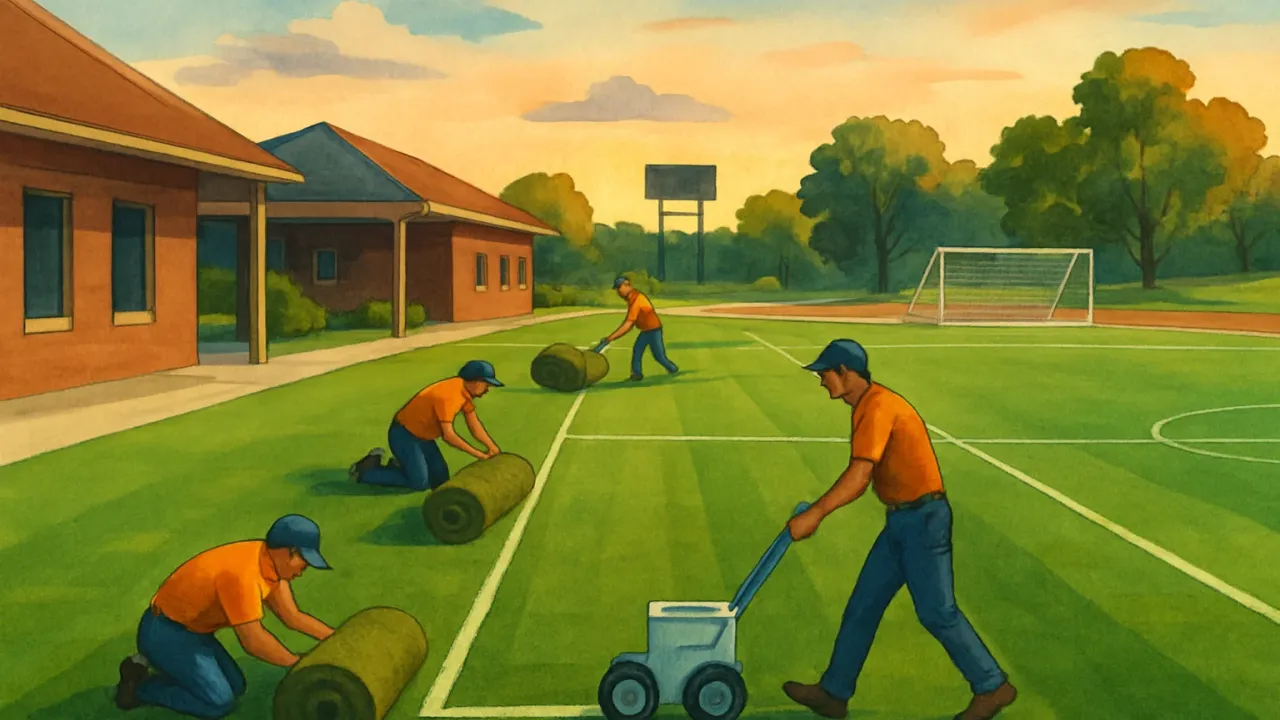Illustration of college soccer fields and fresh turf being readied at a park in a Kansas town