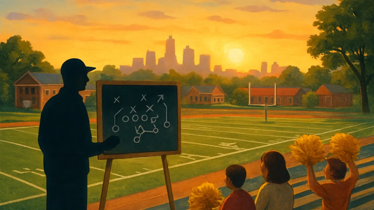 Silhouette of a coach near a play diagram with community fans in a sunset stadium scene, suggesting Kansas City.