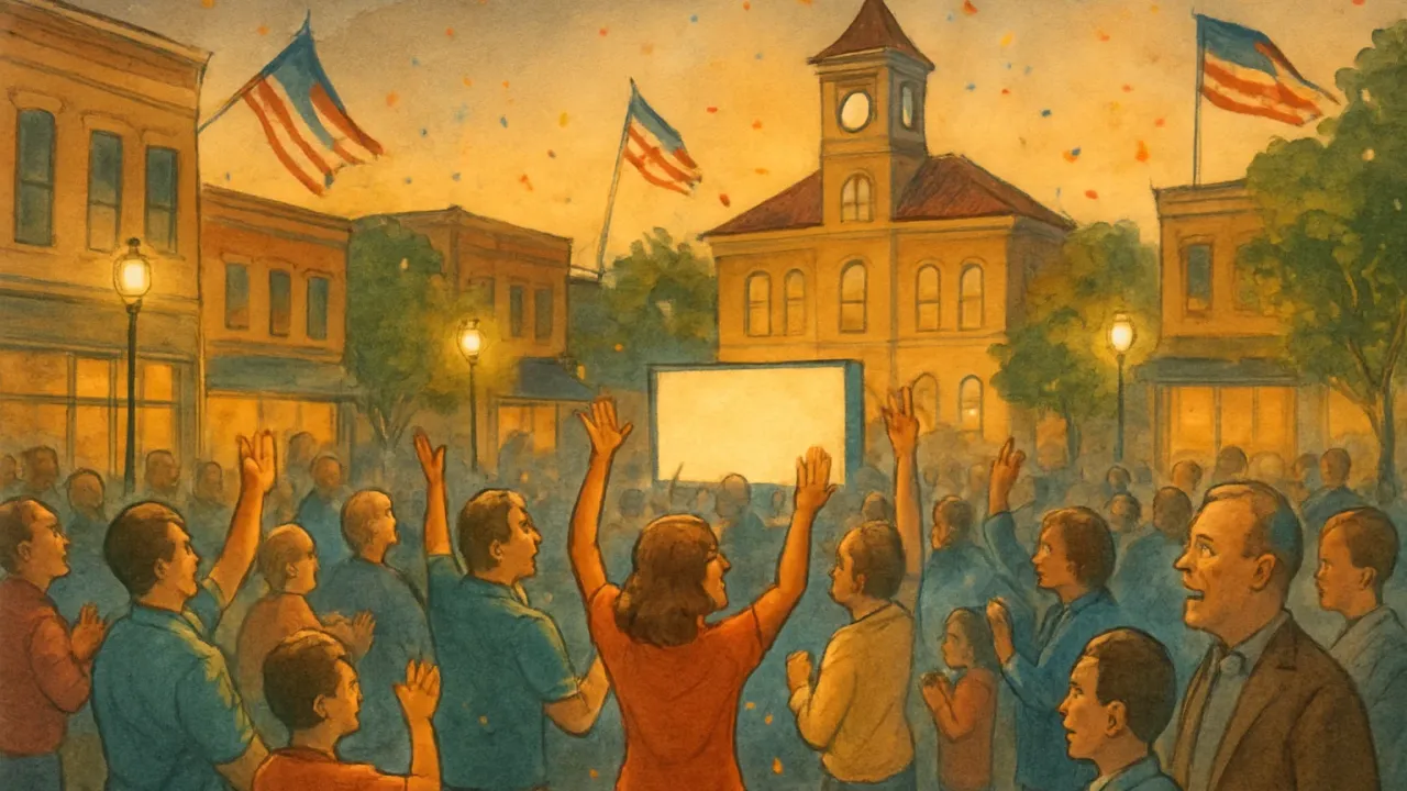 Crowd at a downtown Kansas plaza reacting together during an intense soccer semifinal watch party