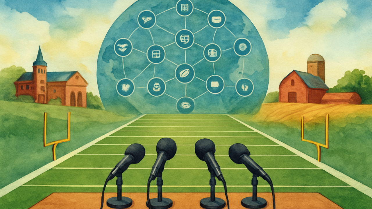 A symbolic Big 12 media-day and football schedule illustration with a globe theme and conference icons.