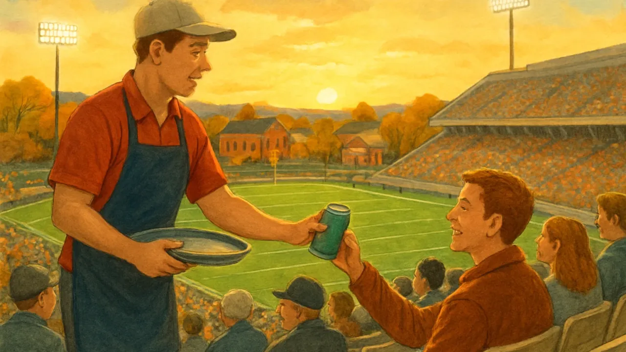 Illustration of fans receiving sealed drinks at their seats in an outdoor stadium during evening light.