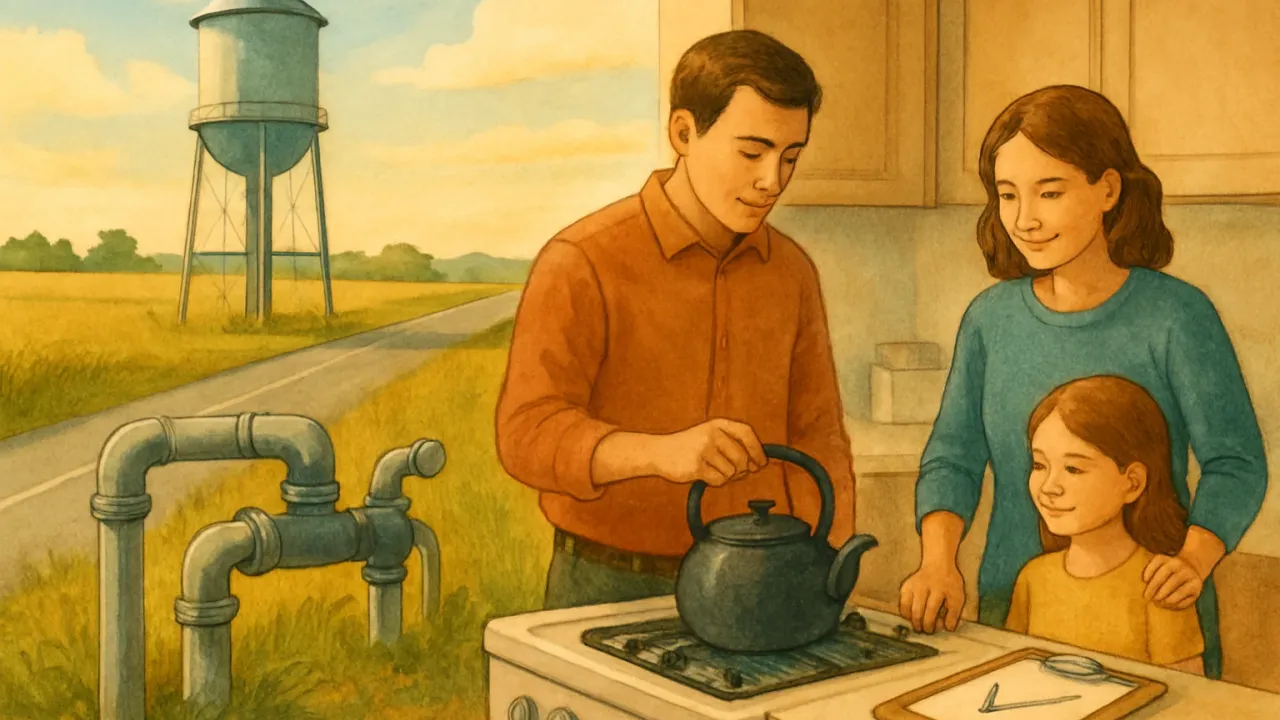 A rural kitchen scene with a boil-prep kettle beside a stylized water tower and pipeline infrastructure.