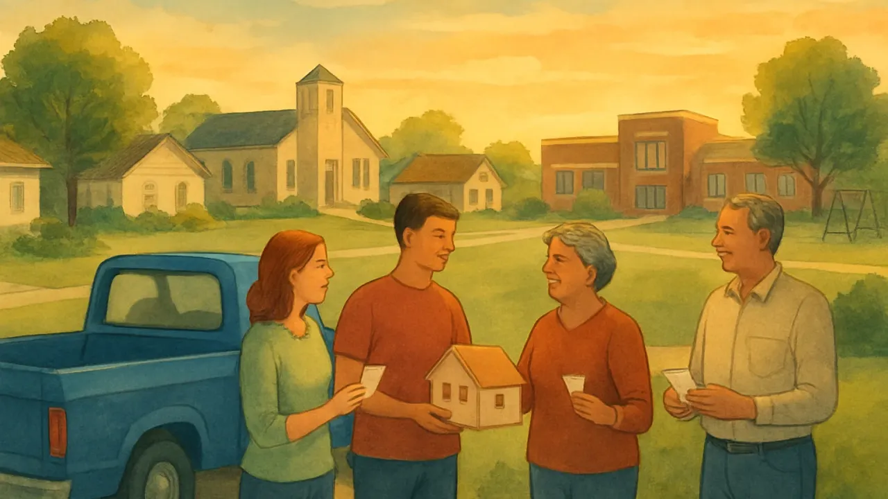 A community-focused illustration of a truck prize supporting housing and services near a small neighborhood.