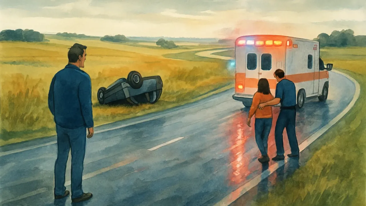Artist’s illustration of an overturned car on a rural highway ramp with responders nearby