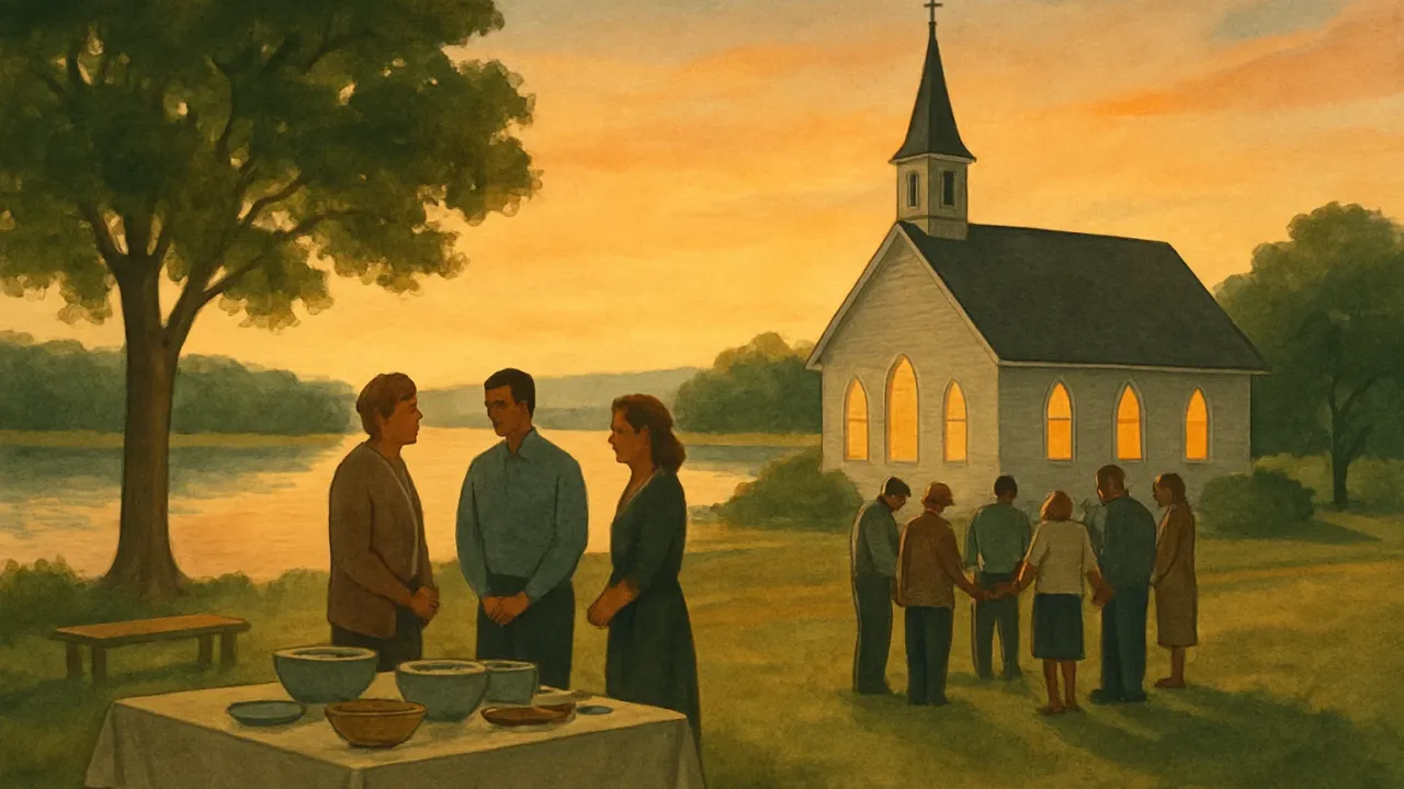 People gather for a lakeside potluck and worship service near a calm lake at dusk.