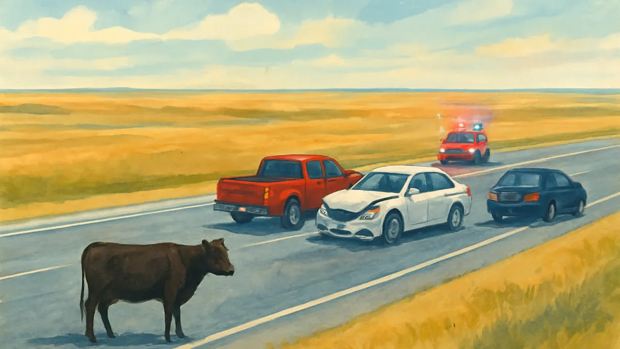Illustration of a three-vehicle highway crash with a cow in the roadway near I-70 west of Salina.