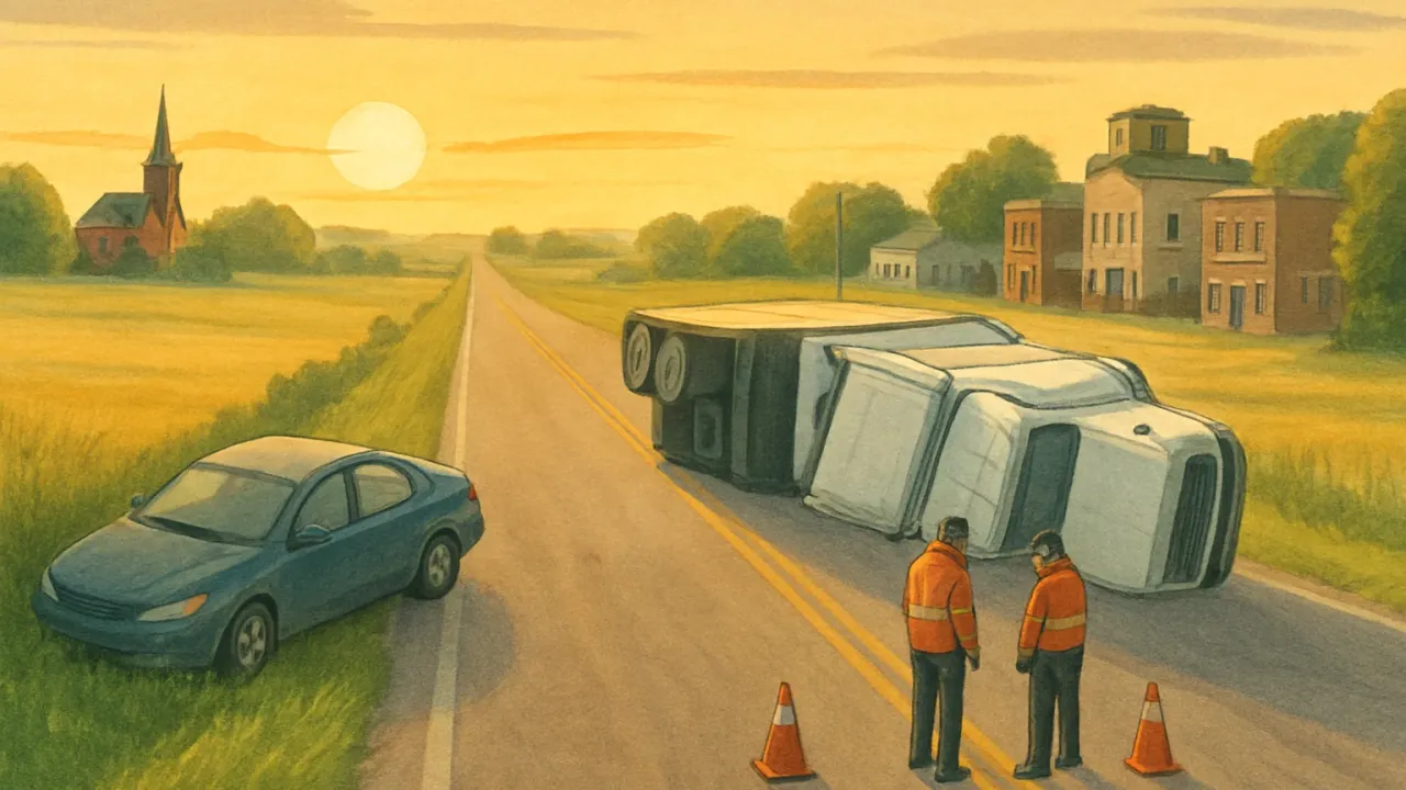Three-vehicle crash scene on a rural Kansas highway with responders directing traffic