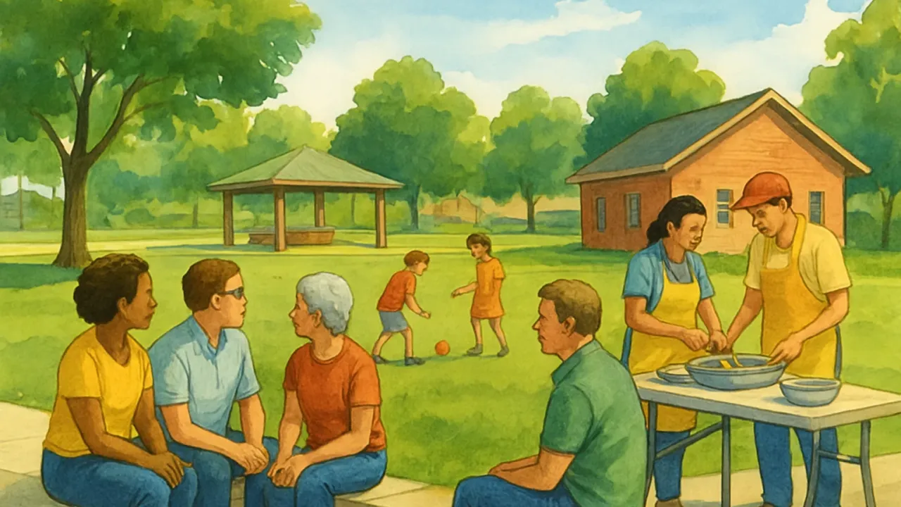 People relaxing and mingling at a community block party in a park with lawn chairs and volunteers preparing food.