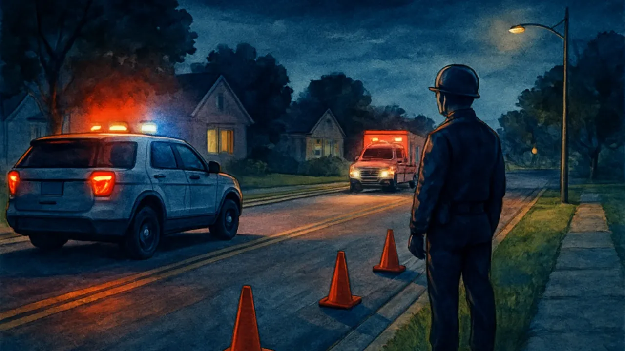 Nighttime emergency response on a residential road near a parked patrol vehicle and staged ambulance.