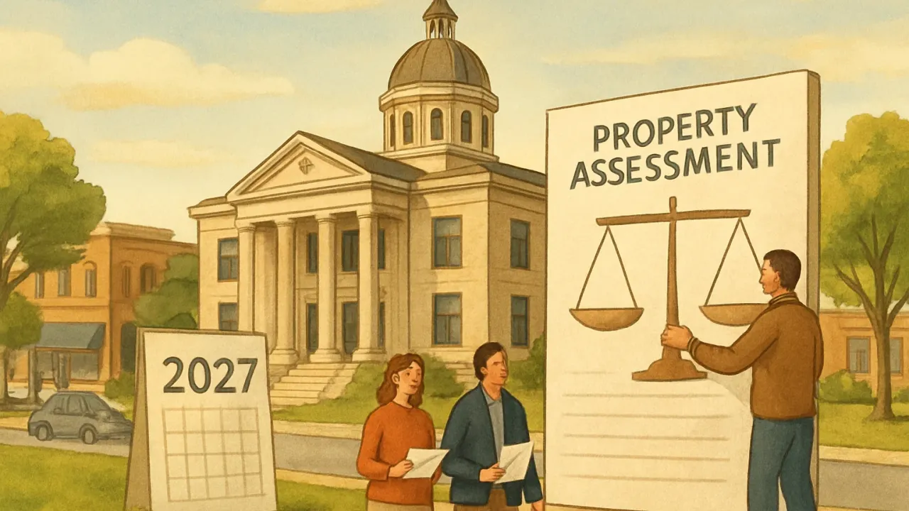 A courthouse and community members illustrated to represent Douglas County planning for 2027 property taxes.