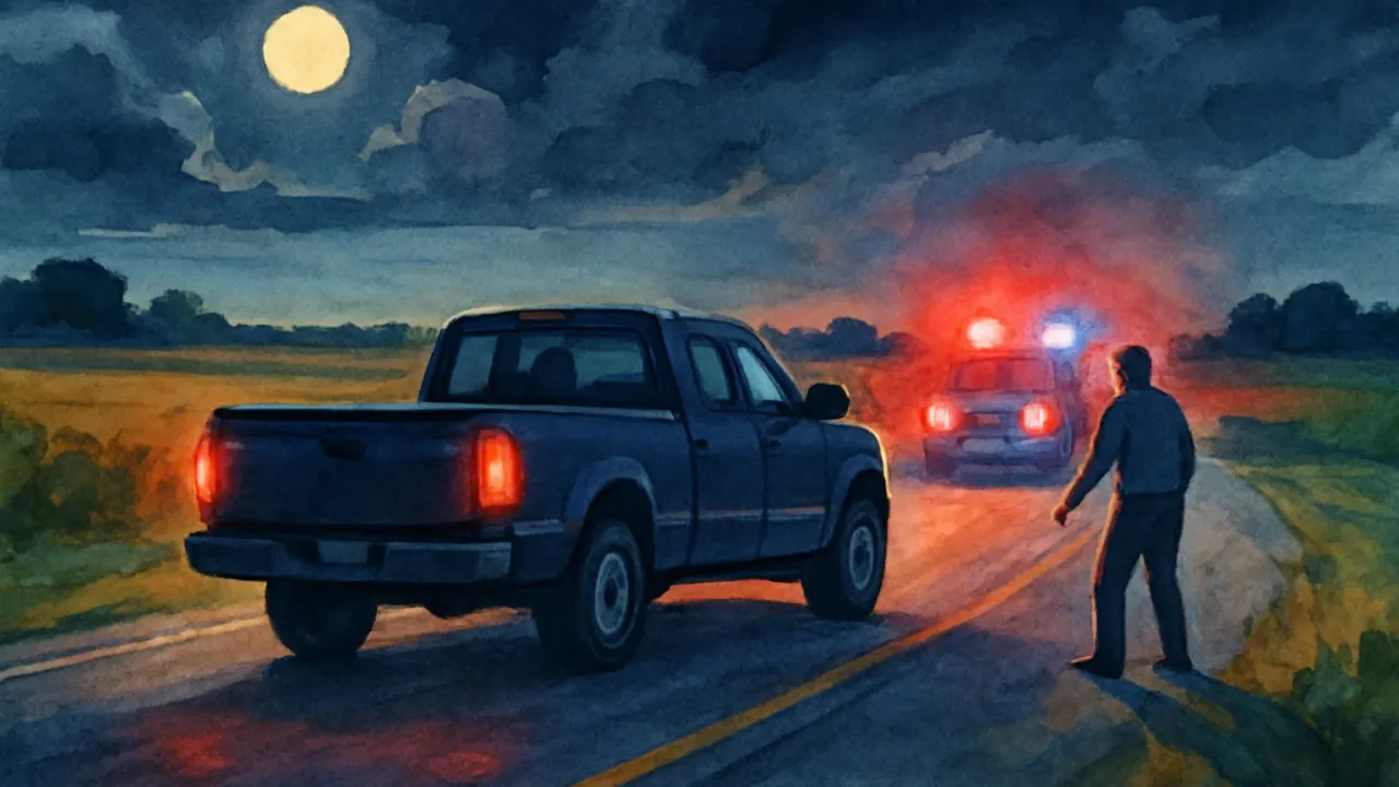 Nighttime rural road scene showing a stopped pickup truck and emergency response lighting after a vehicle struck a person near the roadside.