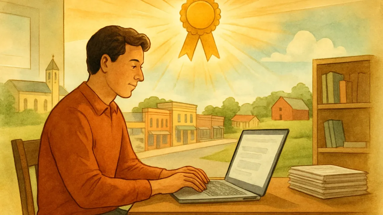 An illustrator depicts a writer at a desk with a laptop and an award ribbon in warm light, suggesting a national recognition for humor columns.