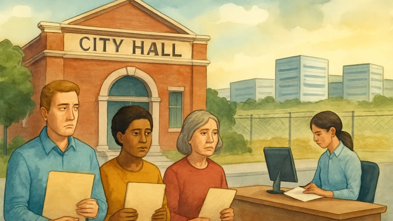 City hall office staff review paperwork while community members look on, with server-like structures in the distance behind a fence