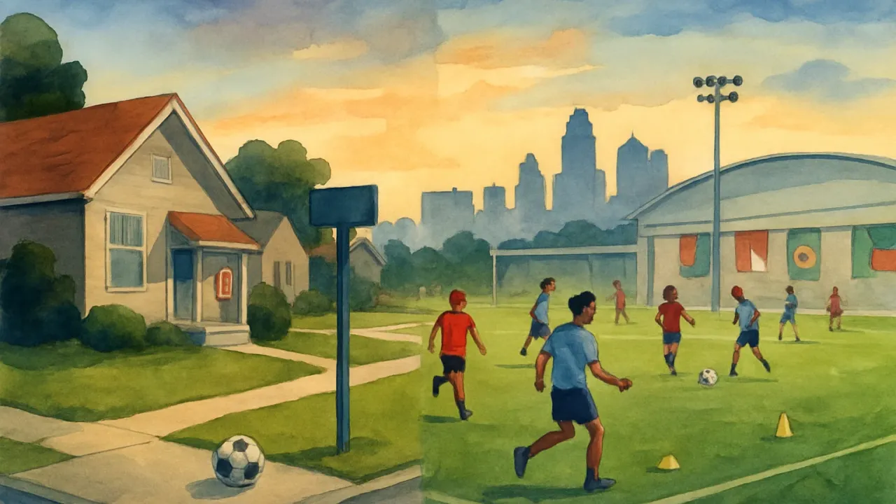 Illustration of England and Argentina’s World Cup connection to the Kansas City metro with suburban homes and a soccer training facility.