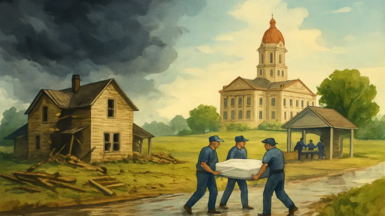 After-storm Kansas scene showing relief efforts and flood and wind damage under changing skies.