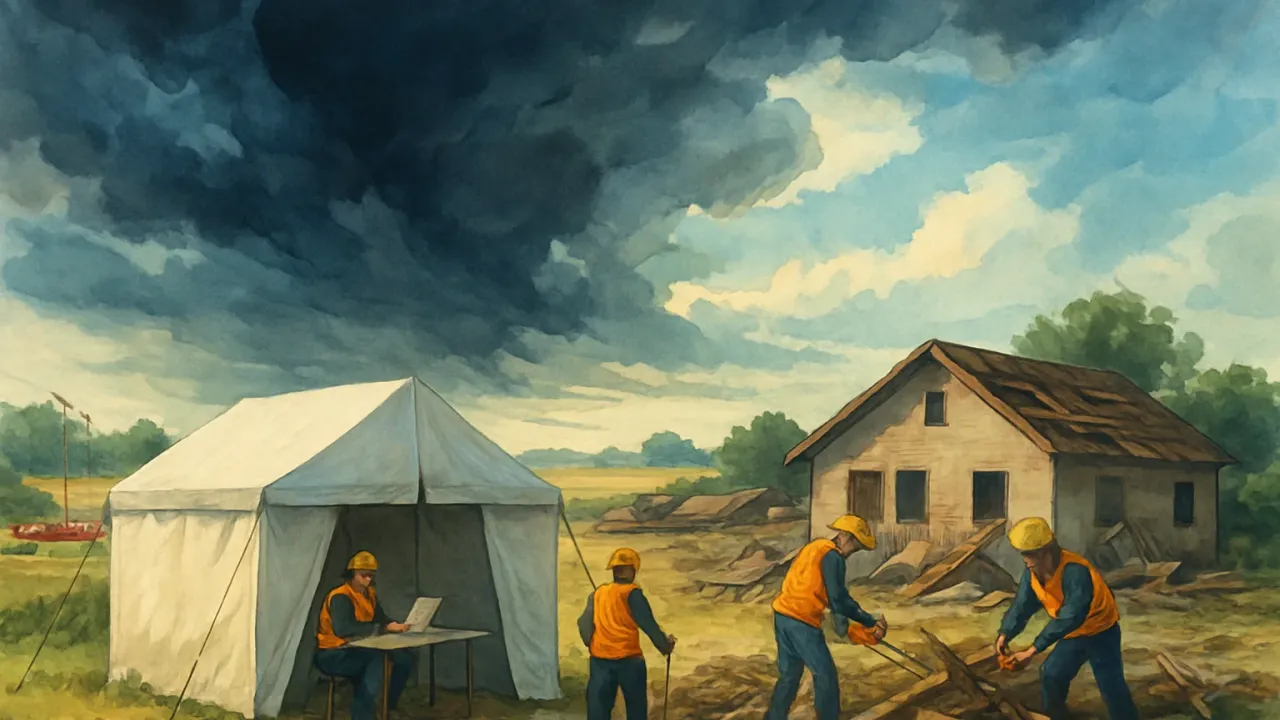 Crews clearing storm damage as the sky clears over rural Kansas