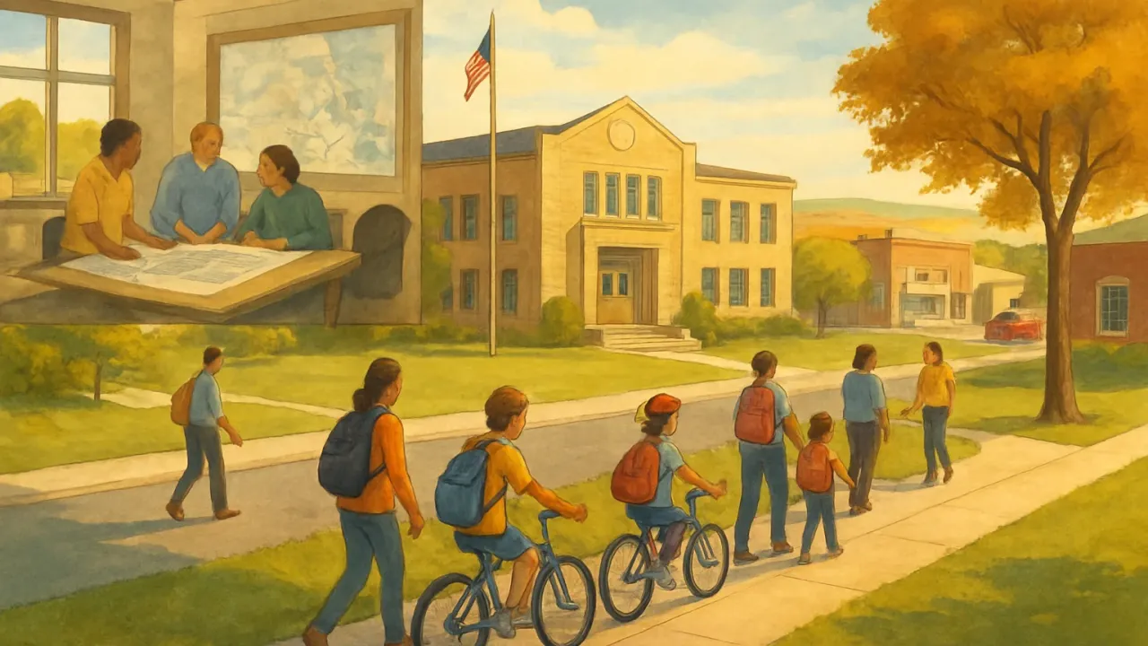 A community bike bus and walkers heading safely toward a neighborhood school along a sidewalk and bike path