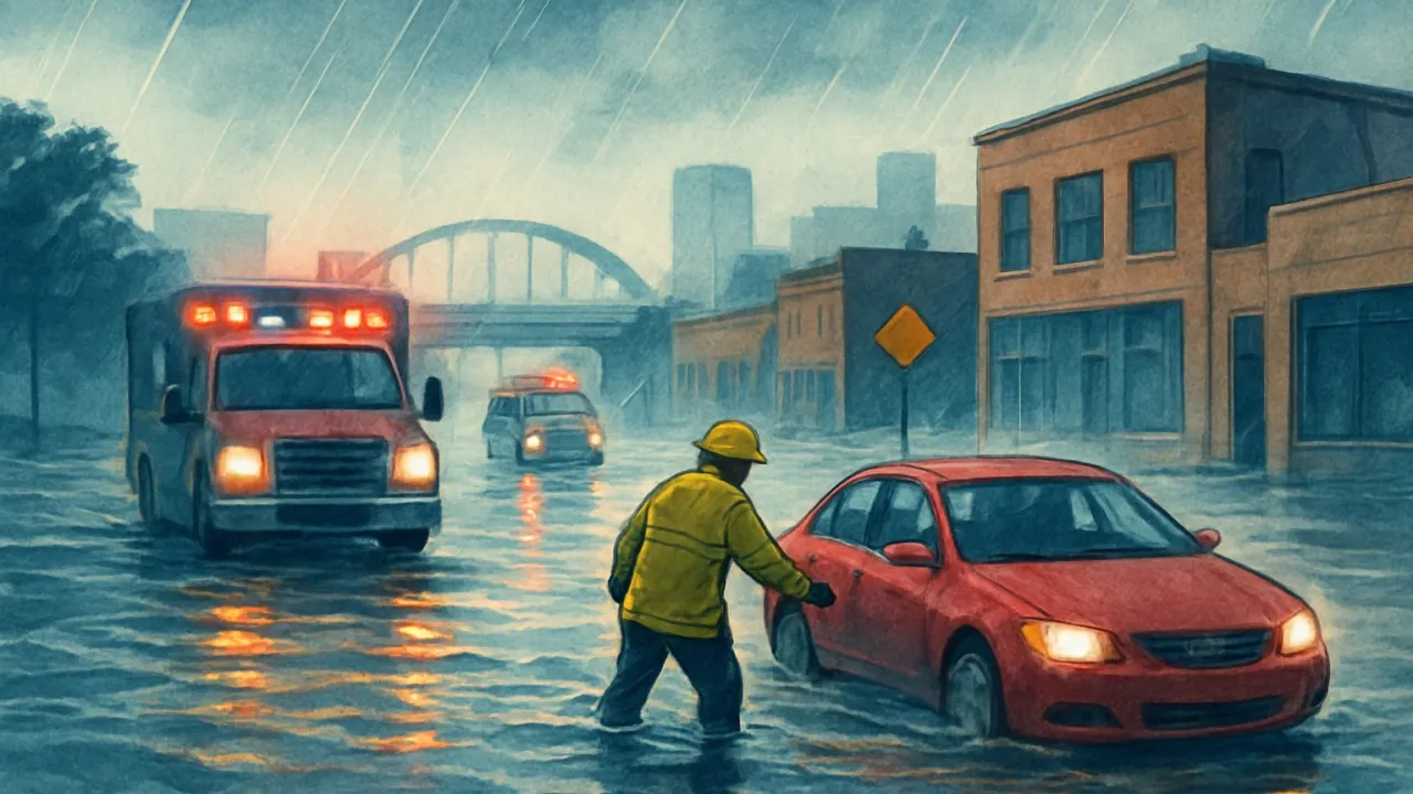 Emergency responders help move a car away from floodwater on a rain-soaked metro street under stormy skies.