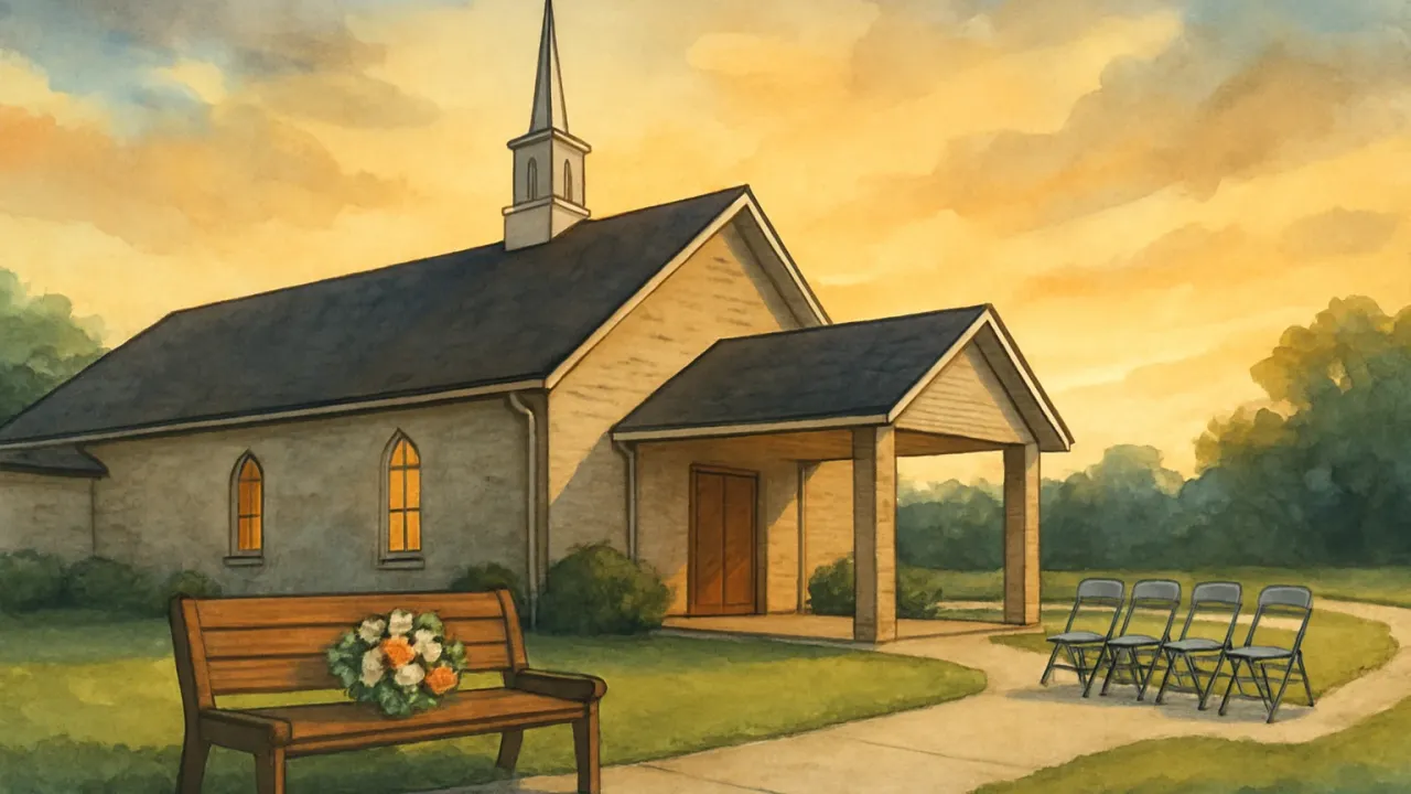 Illustration of a quiet small-town church and floral remembrance in Kansas.