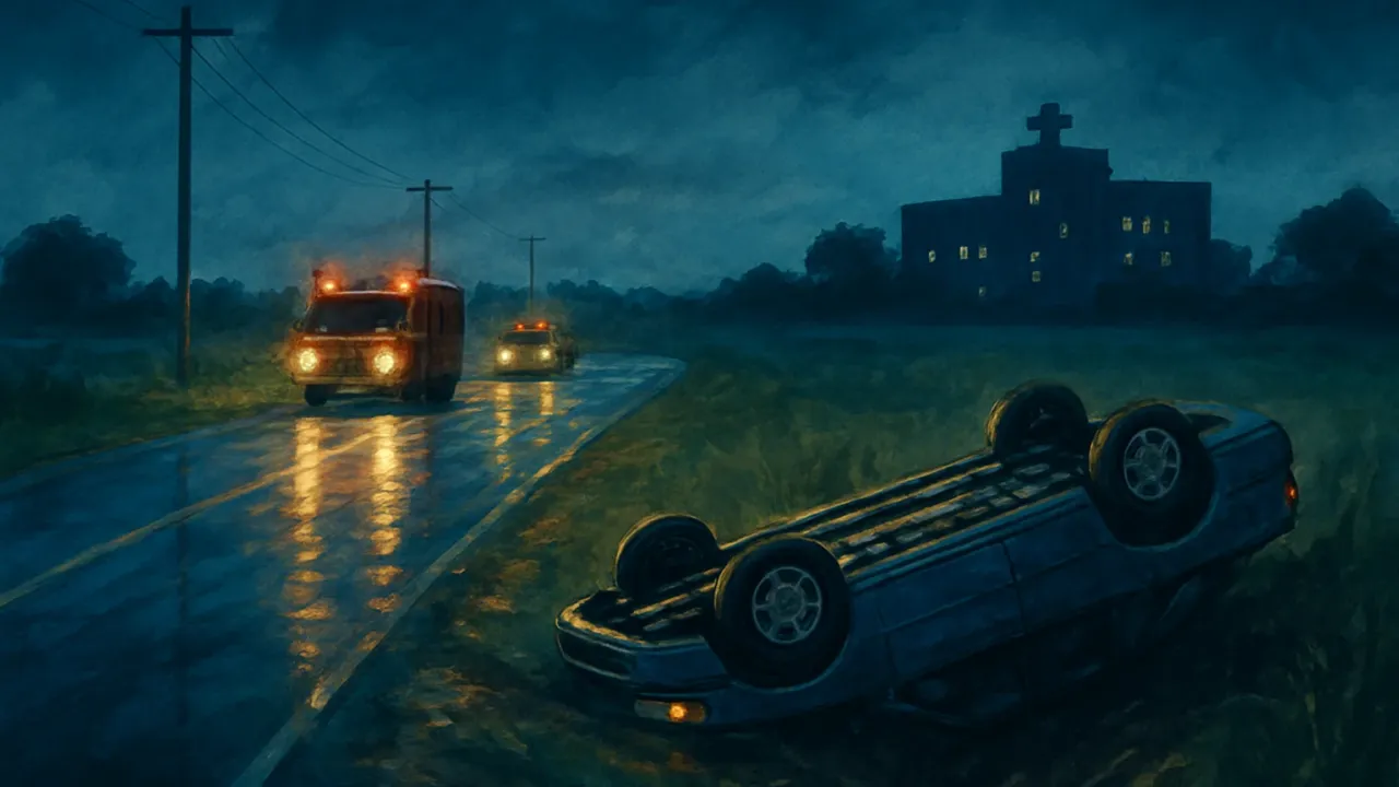 Illustration of an overturned car near an intersection at night with emergency response activity nearby