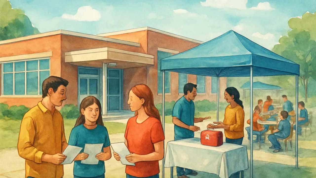 Families gather at a middle school during an enrollment and immunization event, with community booths and meal service set up on site.