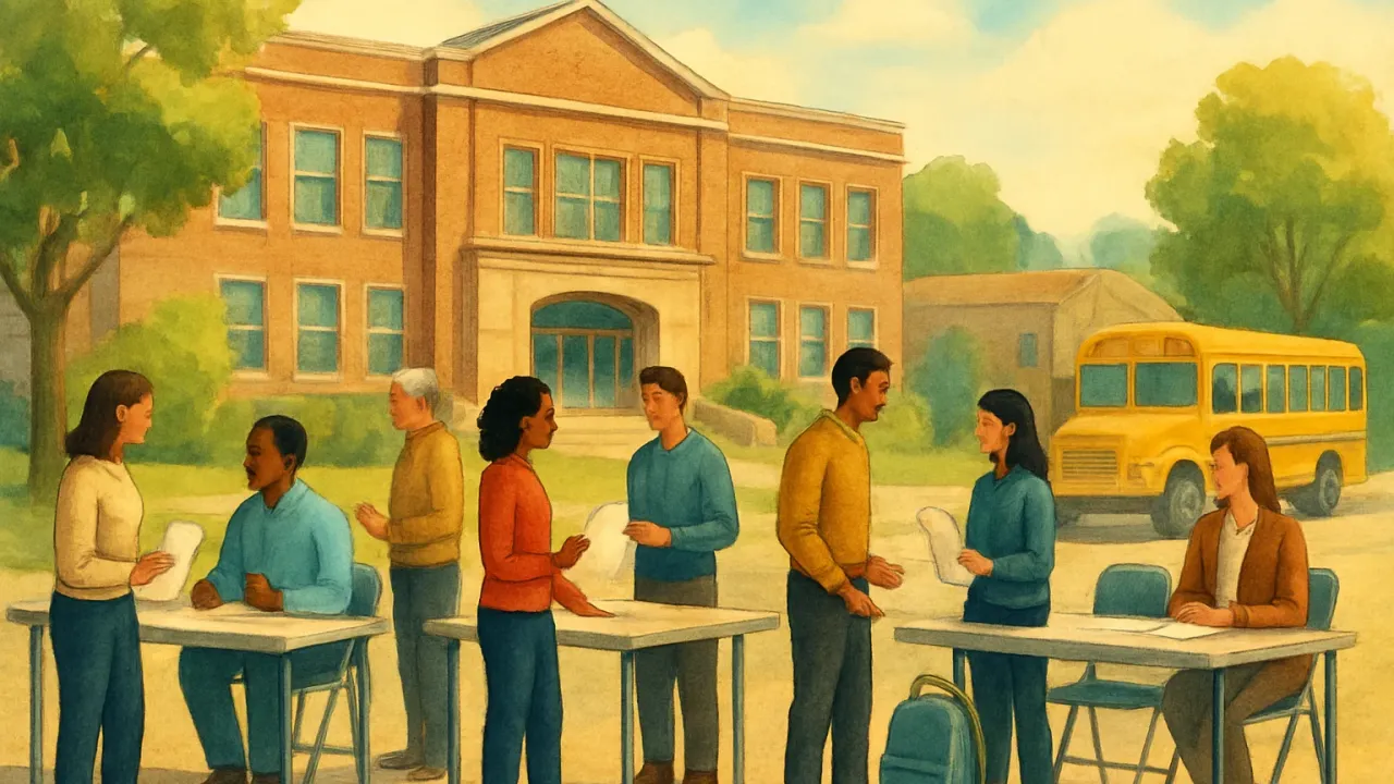 Illustration of a community job fair with job seekers and school-related symbols outside an education facility