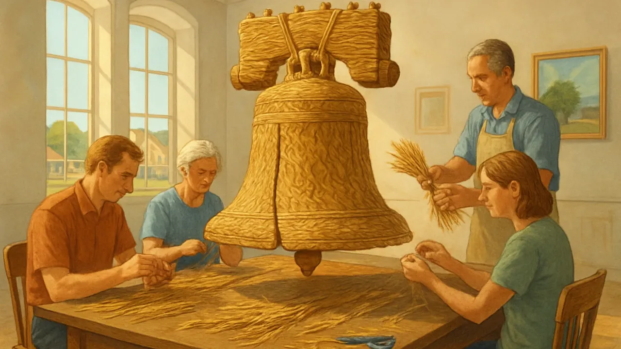 A museum scene showing a wheat-woven Liberty Bell with volunteers weaving wheat in the background.