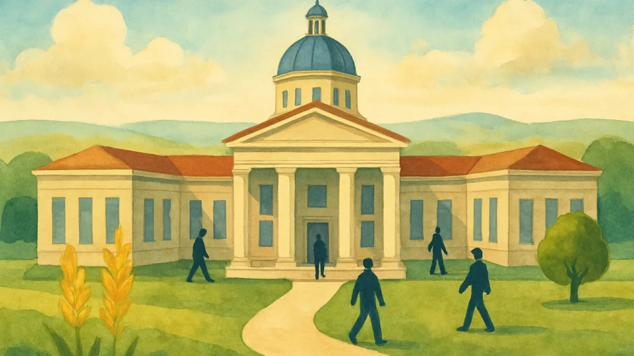 An illustrated government building with connected wings representing a consolidation of early childhood services.