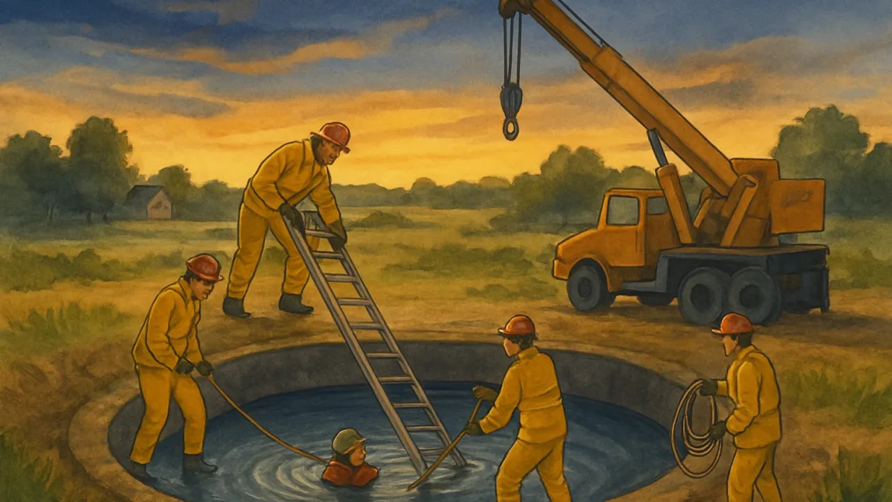 Rescue workers lowering a ladder into a water-filled cistern near a lake while coordinating recovery of a submerged vehicle