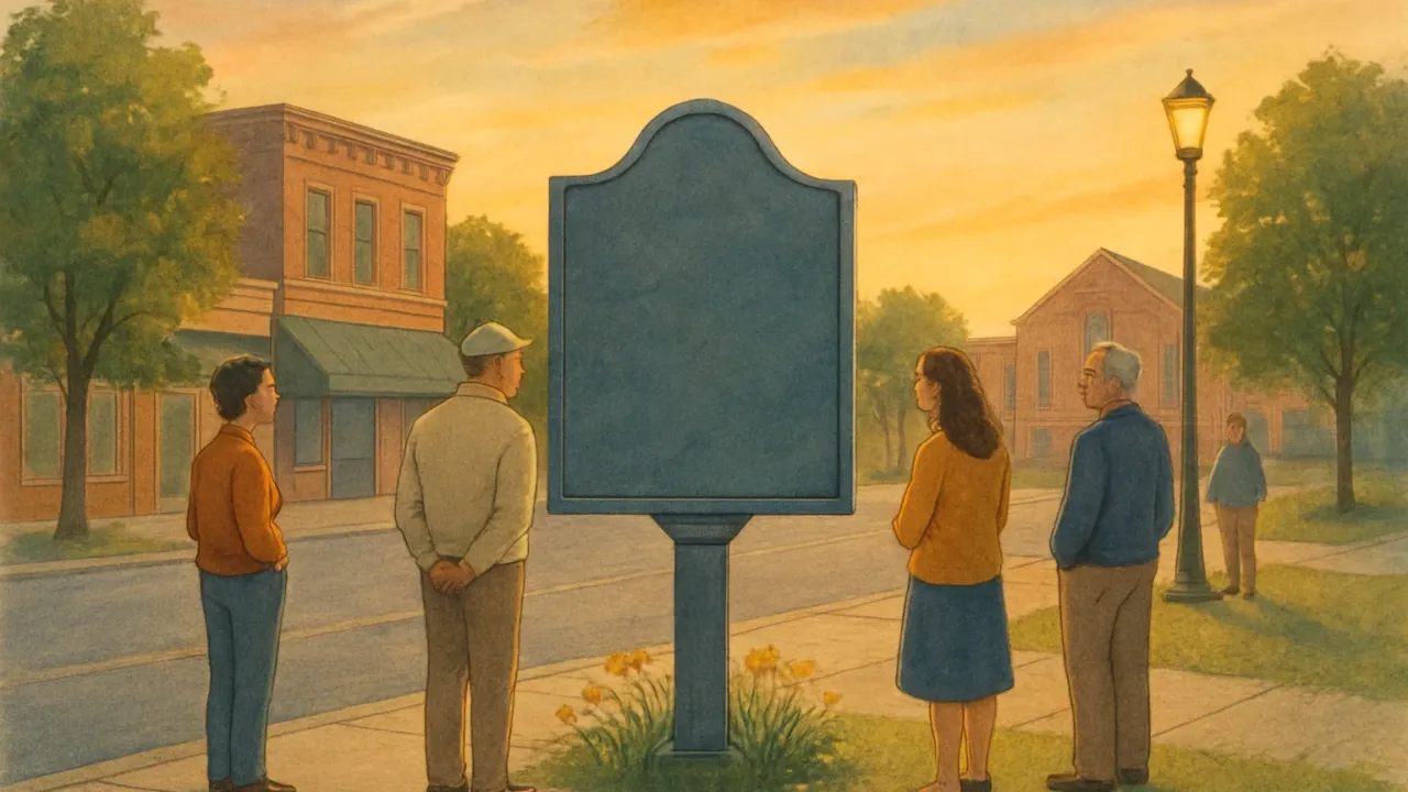 Evening scene showing a historical marker as community members gather nearby in a Kansas neighborhood.
