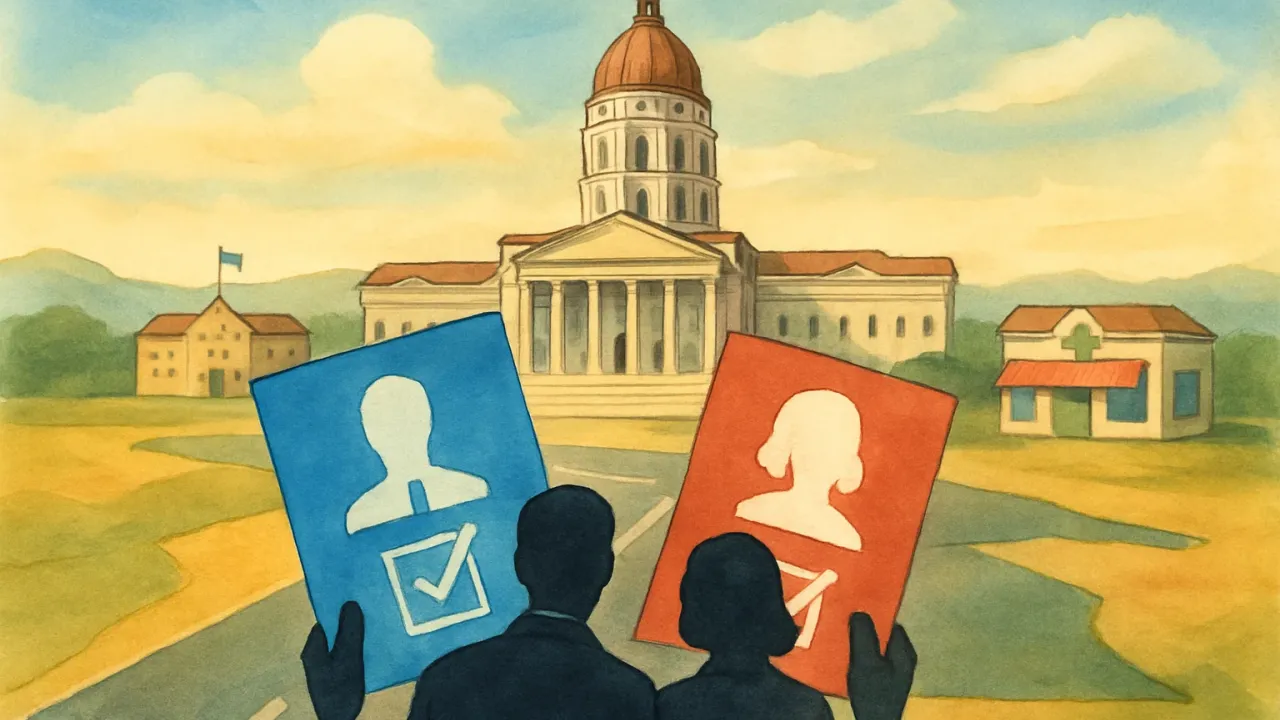 An editorial scene showing Kansas campaign figures near a state capitol with an implied border crossing, public-services symbols, and protection icons.
