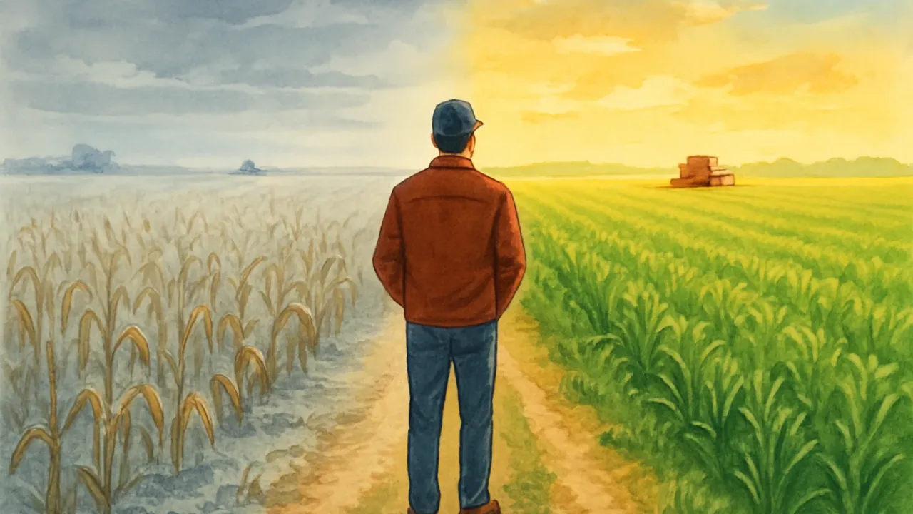 Illustration split between frost-damaged wheat and flourishing summer crops in Kansas, viewed from a rural path