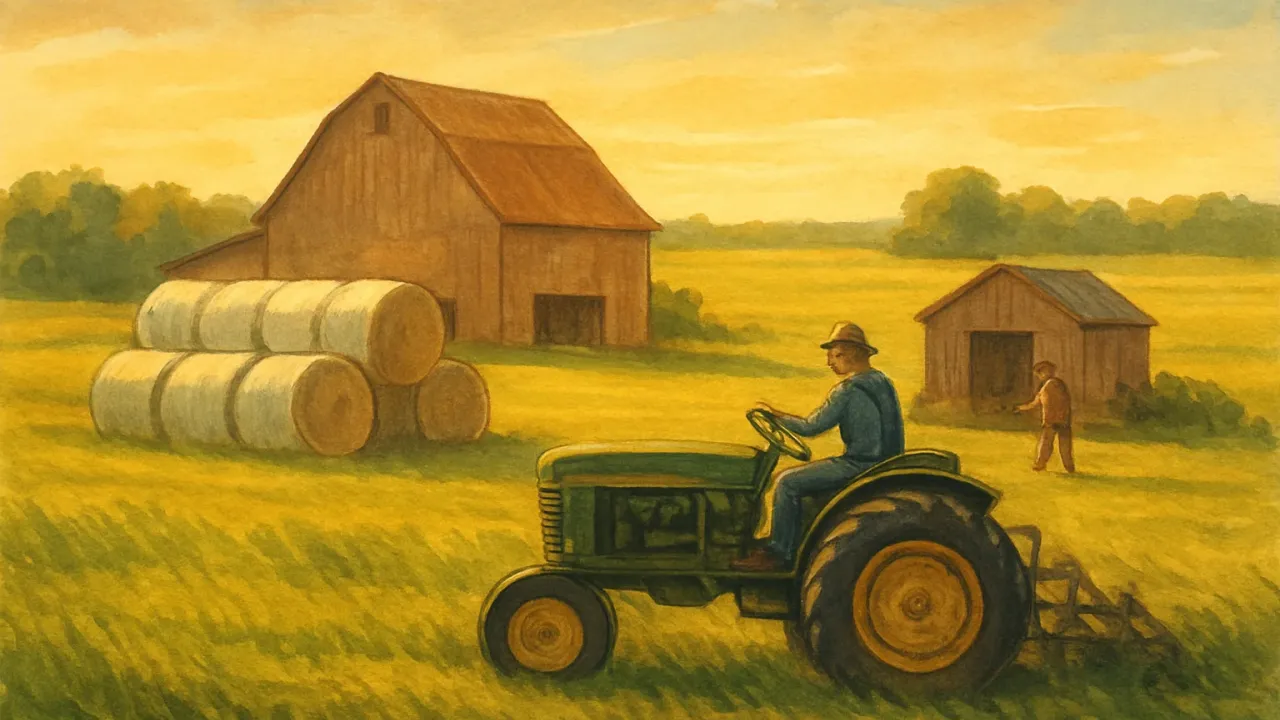 A rural Kansas farm with a tractor cutting grass and wrapped hay bales ready for winter feed.