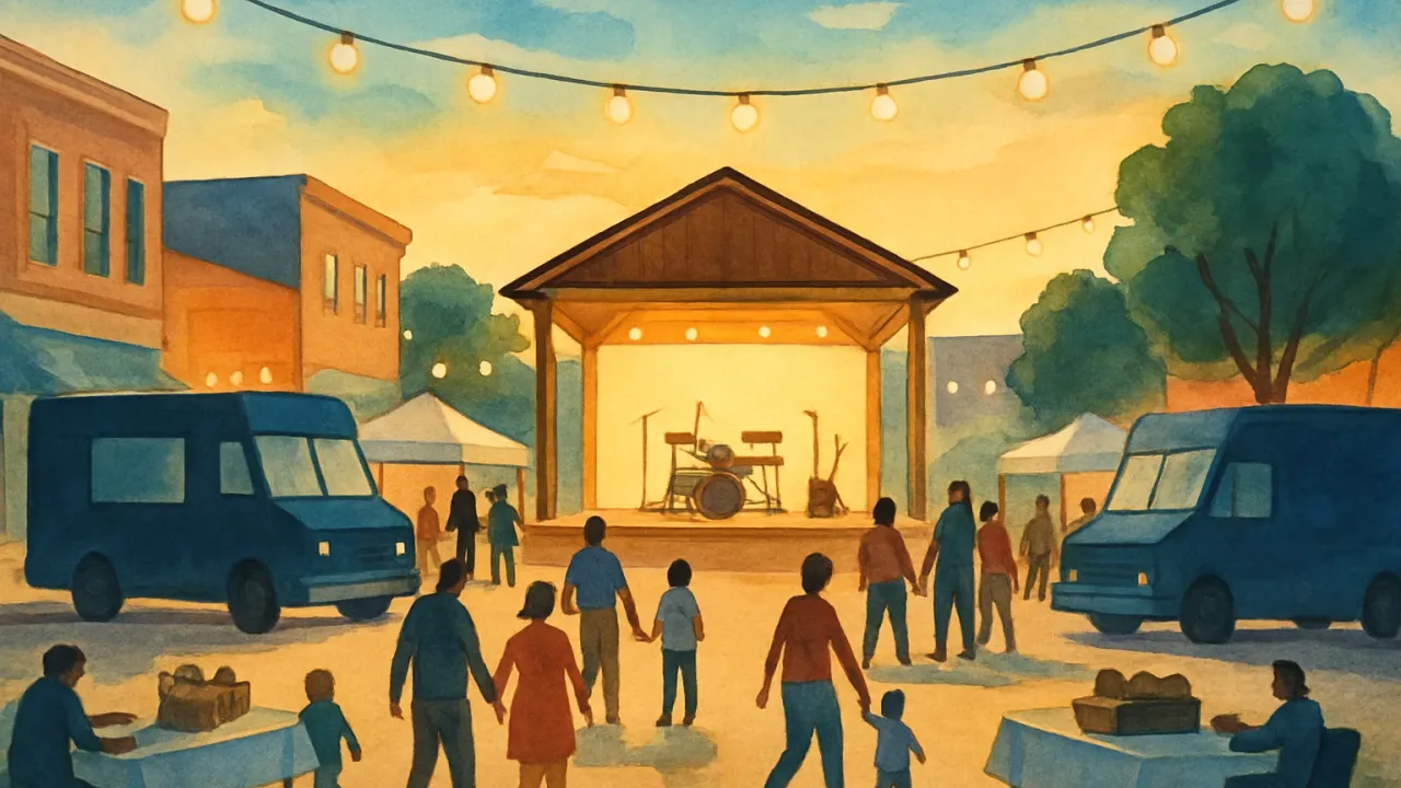 An evening illustration of a downtown plaza with food trucks, a small music stage, and families gathered around vendor booths.