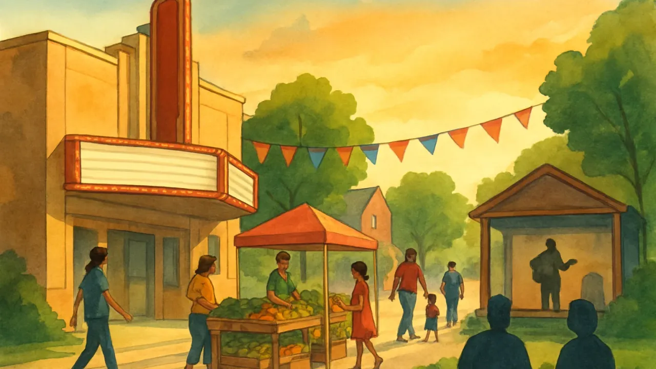 Illustration of a Kansas small-town community with a movie-theater scene, farmers market, parade, and live music stage during summer.