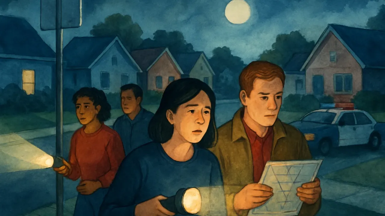 Illustration of an Independence neighborhood with a patrol car and community members searching for a missing teen.