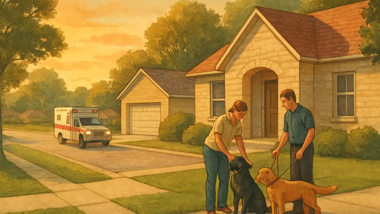 Artist’s illustration of a secured home in a small Kansas town with animal control assisting near dogs during a police investigation.