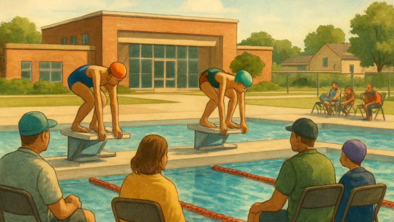 Youth swimmers and coaches at a community pool after a meet, with lane lines and rippling water in the foreground.