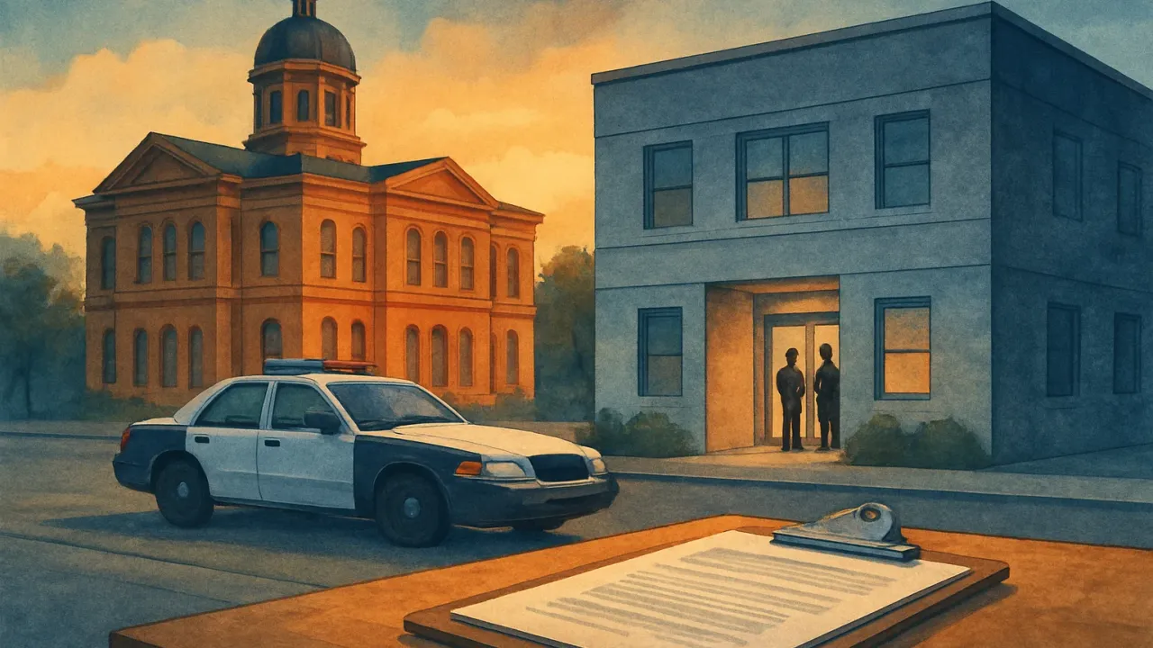An editorial illustration showing a small-town Kansas police-station area with a patrol car and an officer reviewing case files on a clipboard.