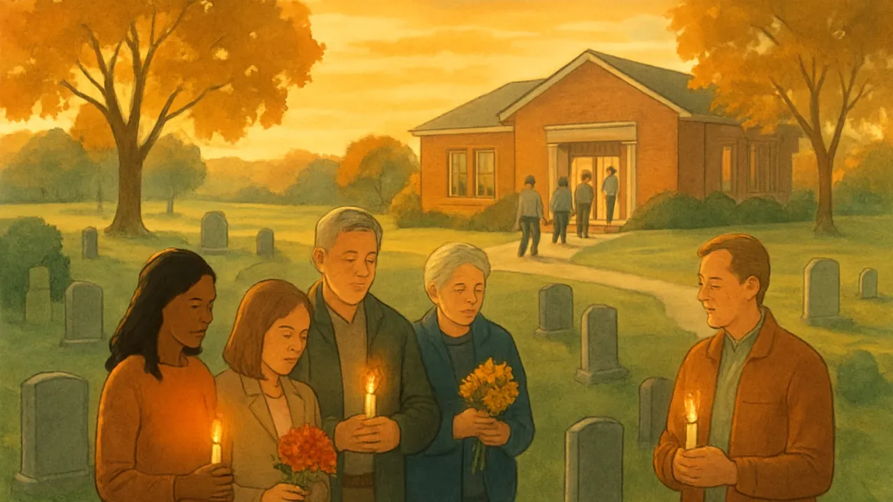 People gather for a respectful memorial while a public library stands in the background for donation support.
